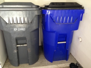 This is a photo of a City of Dallas trash can and recycling can in my garage.